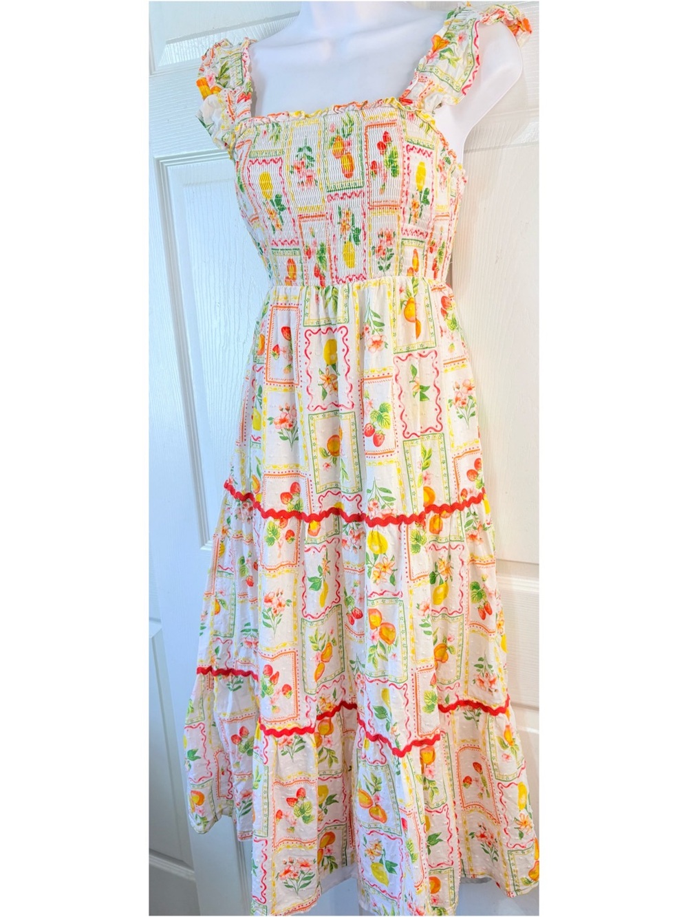 RACHEL ZOE Summer Citrus Fruit Tiered Midi Dress With Bric Brac Trim Size Small